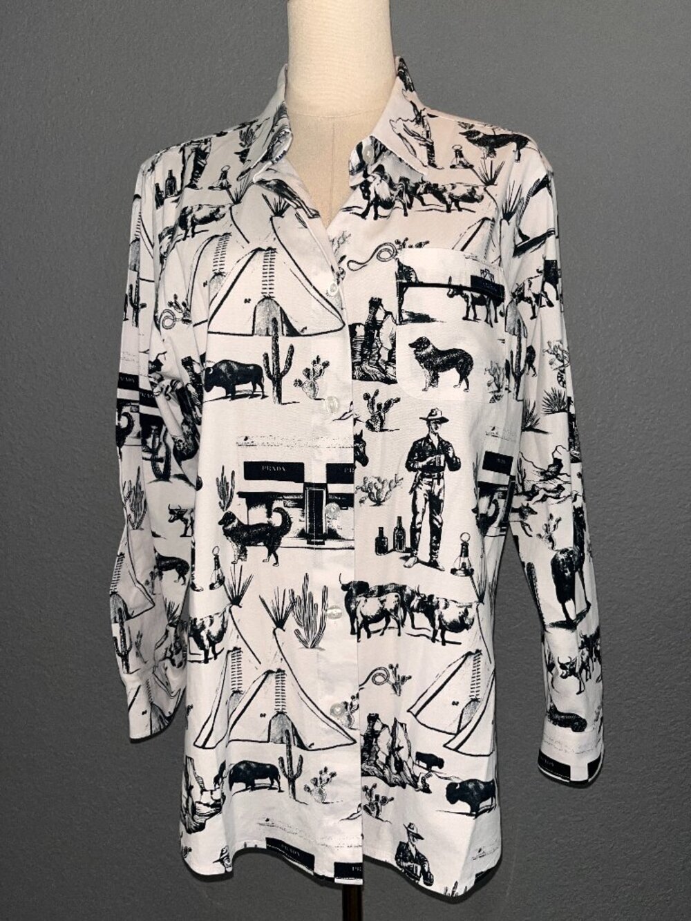 KATIE KIME MARFA OXFORD BUTTON DOWN SHIRT BLACK & WHITE WESTERN TOILE PRINT - M
